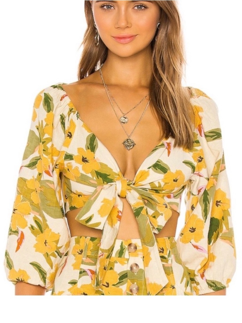 L*space Penelope Top In Ibiza Green Floral Linen Blend Wrap Crop Top Small